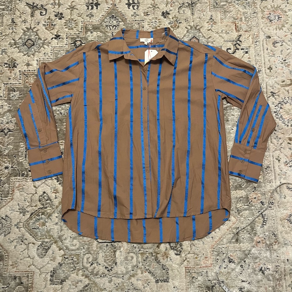 Brown and Blue Striped women’s boutique button down new with tags oversized